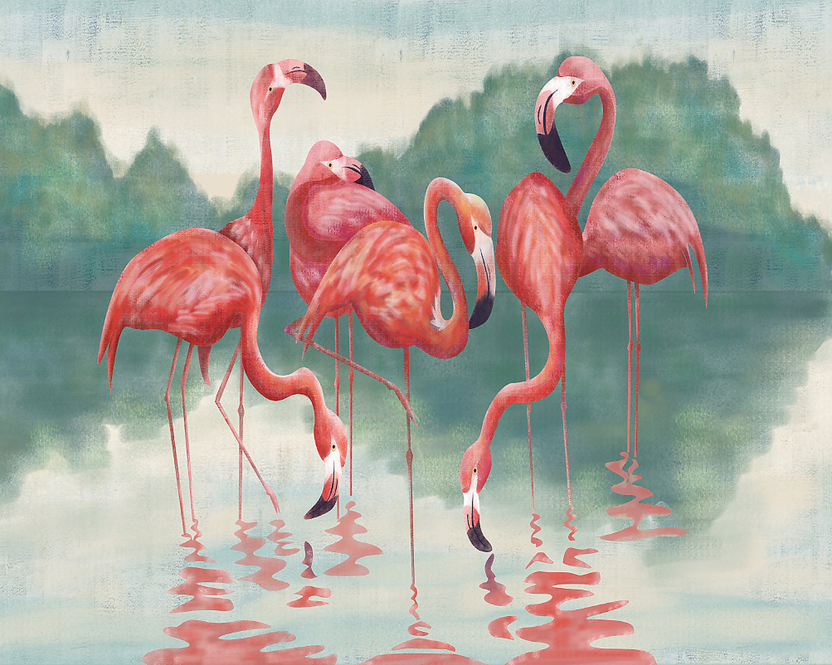 pink and green flamingo wallpaper pattern shown flat