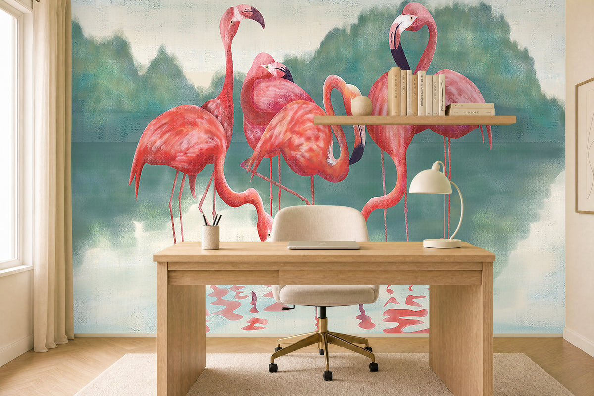 pink and green flamingo wallpaper in a home office