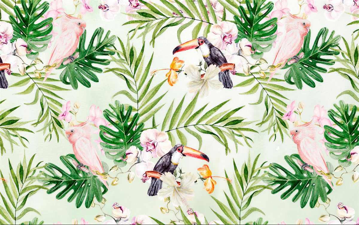pink and green leaf wallpaper pattern shown flat