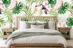 pink and green leaf wallpaper in a bedroom