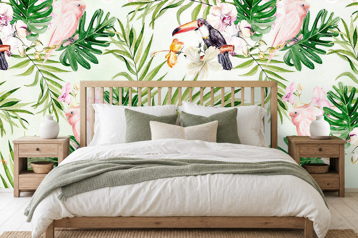 pink and green leaf wallpaper in a bedroom