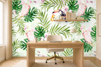 pink and green leaf wallpaper in a home office