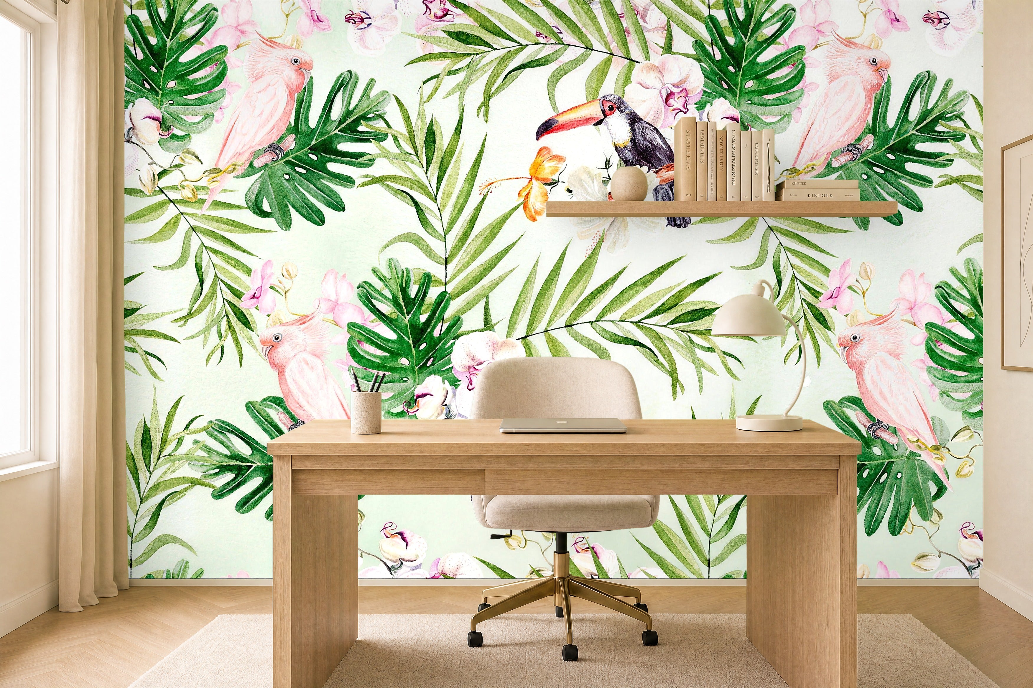 pink and green leaf wallpaper in a home office