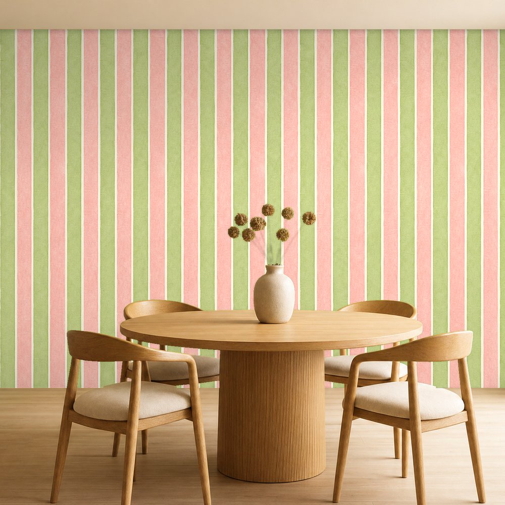 pink and green stripes wallpaper room
