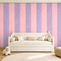 pink and purple striped wallpaper room
