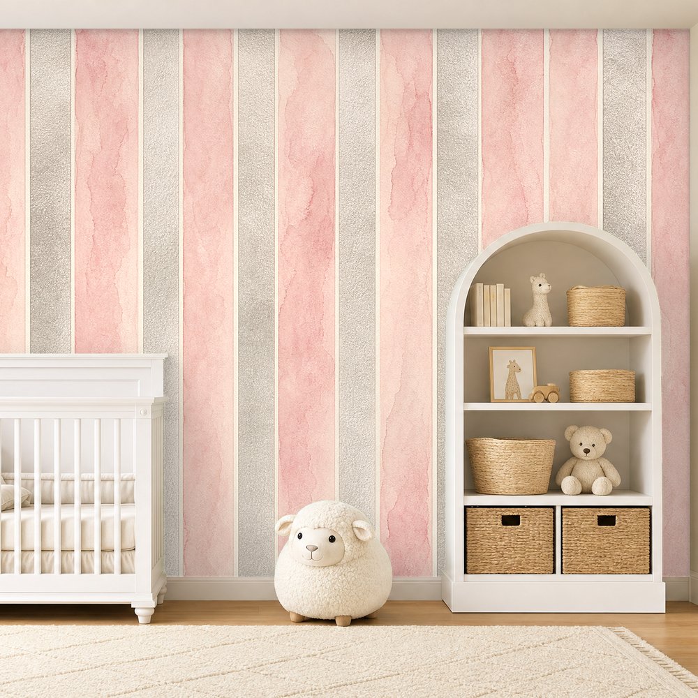 pink and silver striped wallpaper room