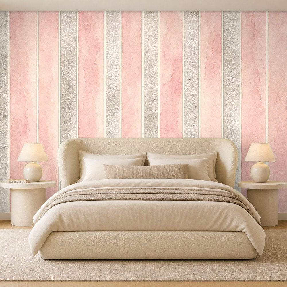 pink and silver striped wallpaper room 2