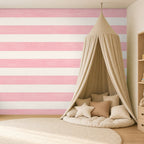 pink and white horizontal striped wallpaper room