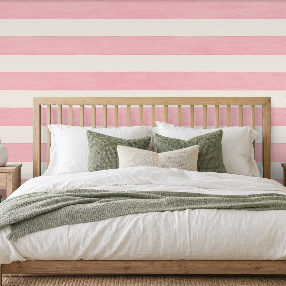 pink and white horizontal striped wallpaper room 2