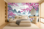 pink cherry blossom tree wallpaper in a bedroom