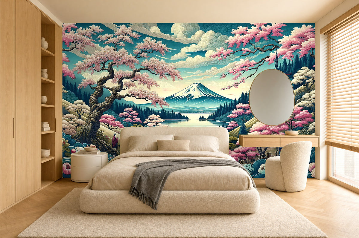 pink cherry blossom wallpaper in a bedroom