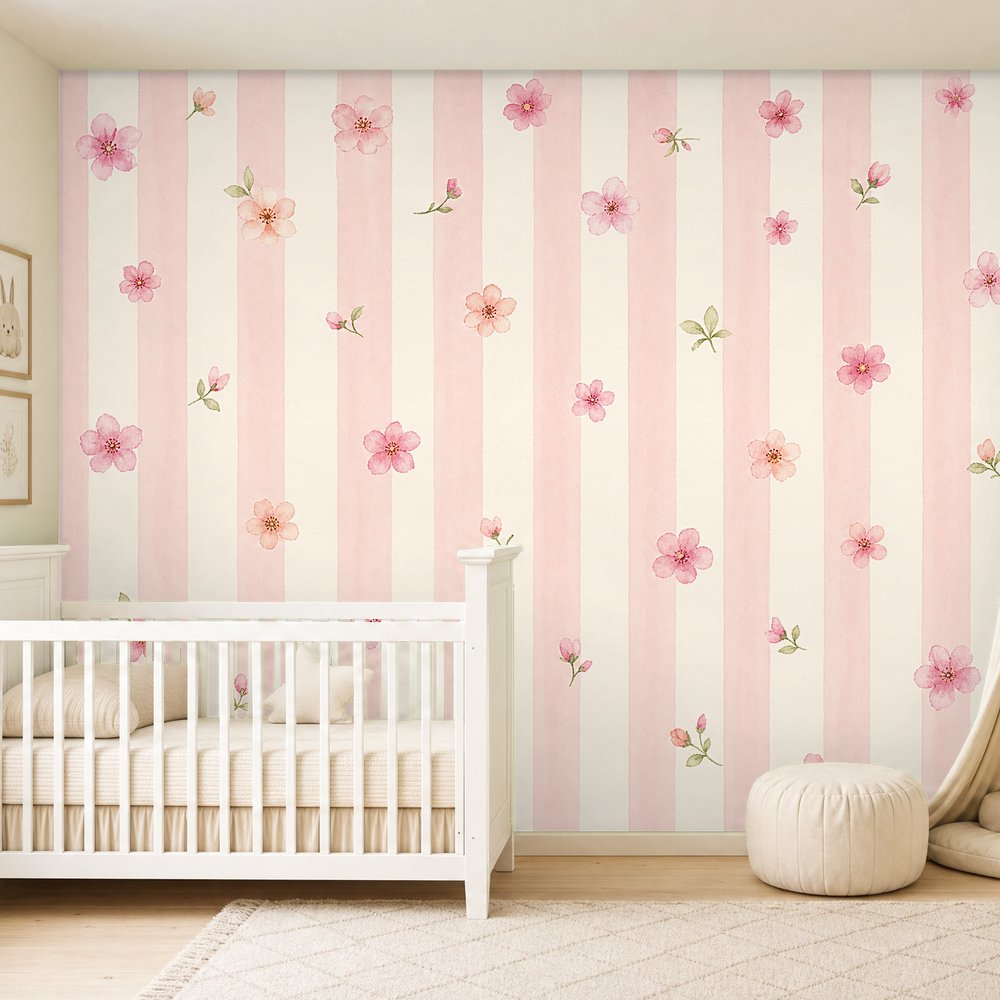 pink floral stripe wallpaper room