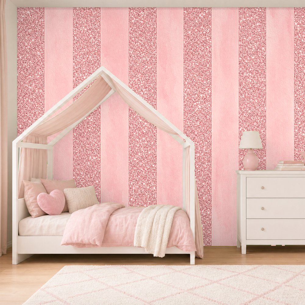 pink glitter stripe wallpaper room