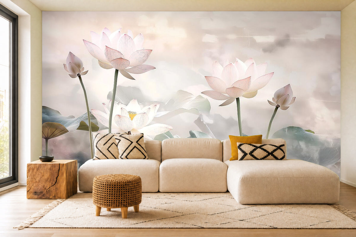 pink lotus flower wallpaper in a living room