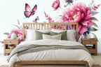 pink rose butterfly wallpaper in a bedroom
