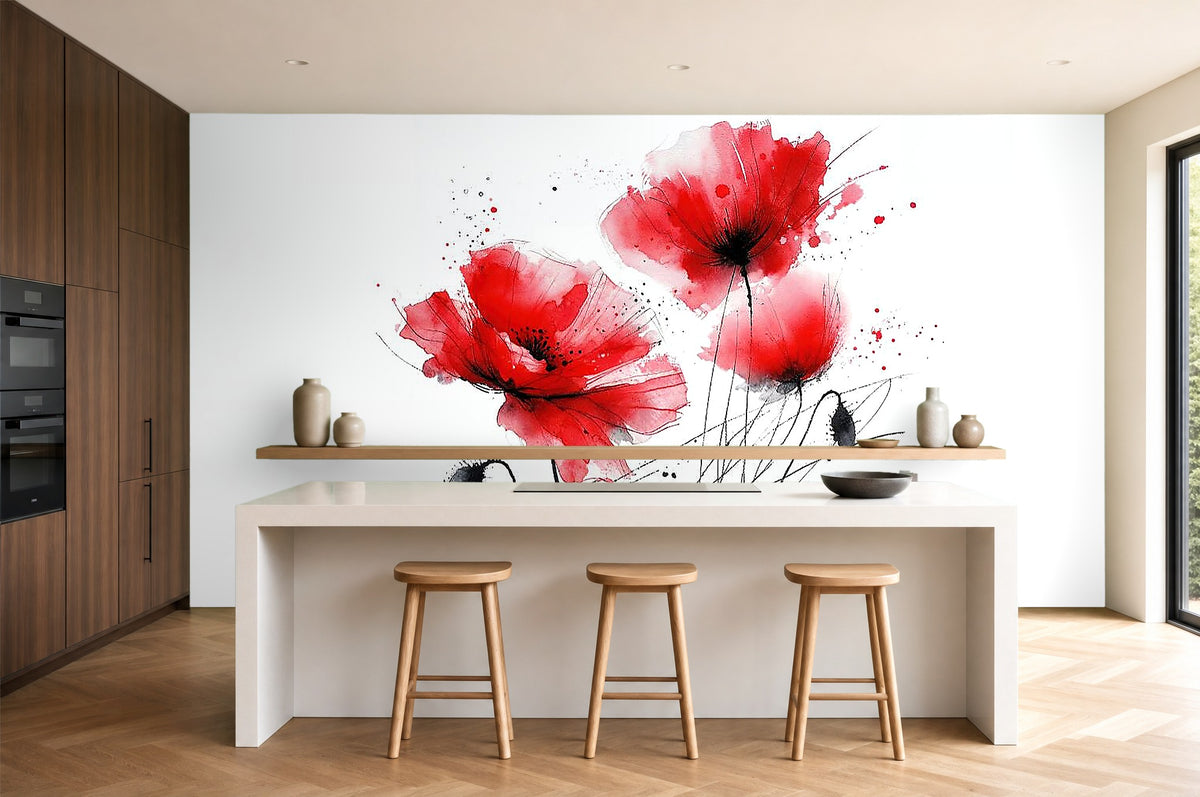 red poppy wallpaper in a kitchen