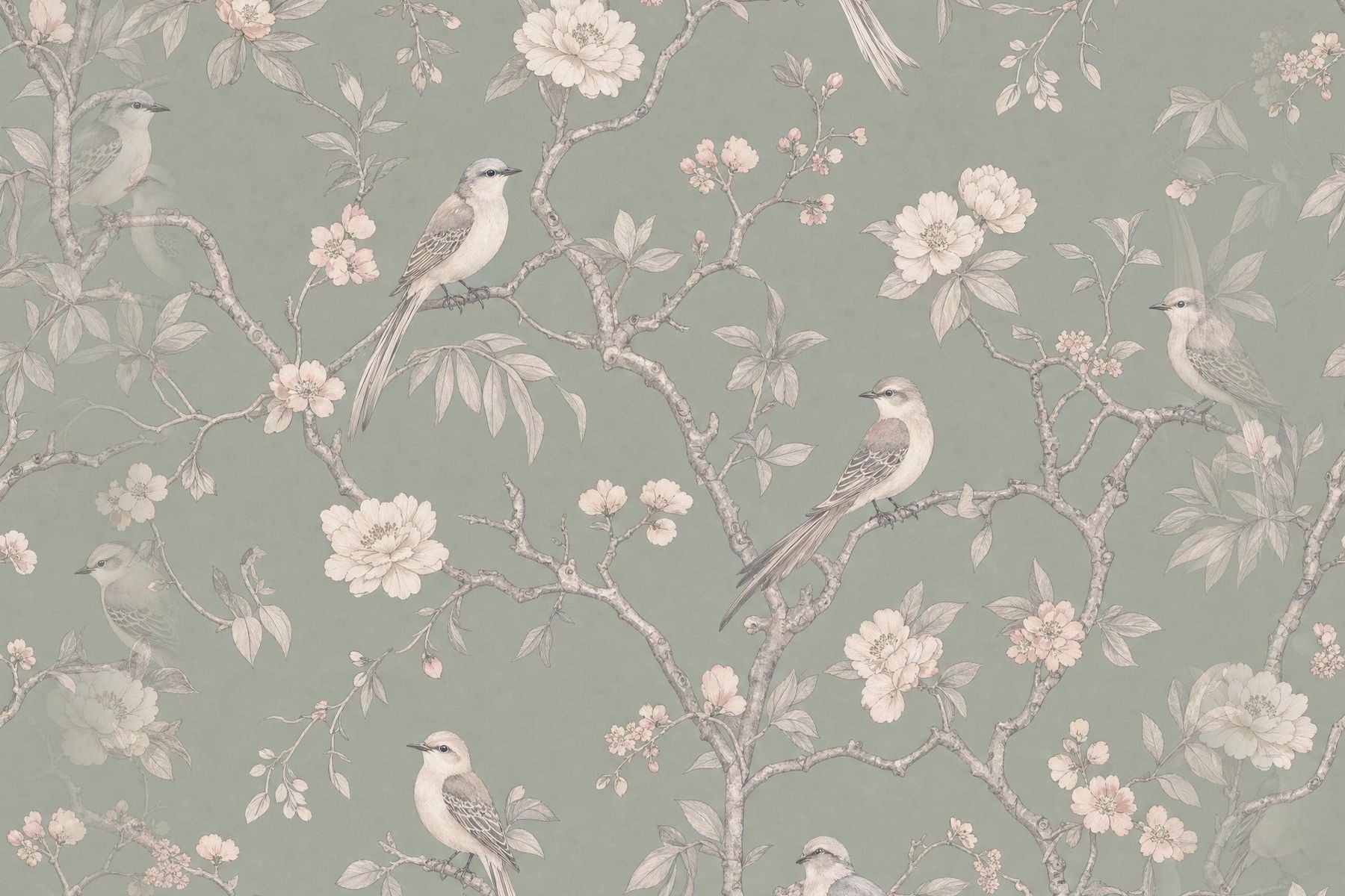 Sage green wallpaper with birds flat design view