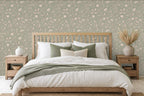 Sage green wallpaper with birds room view