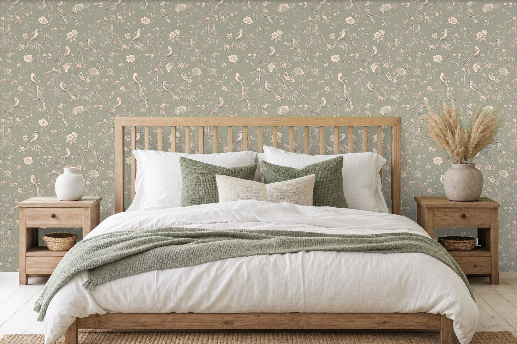 Sage green wallpaper with birds room view