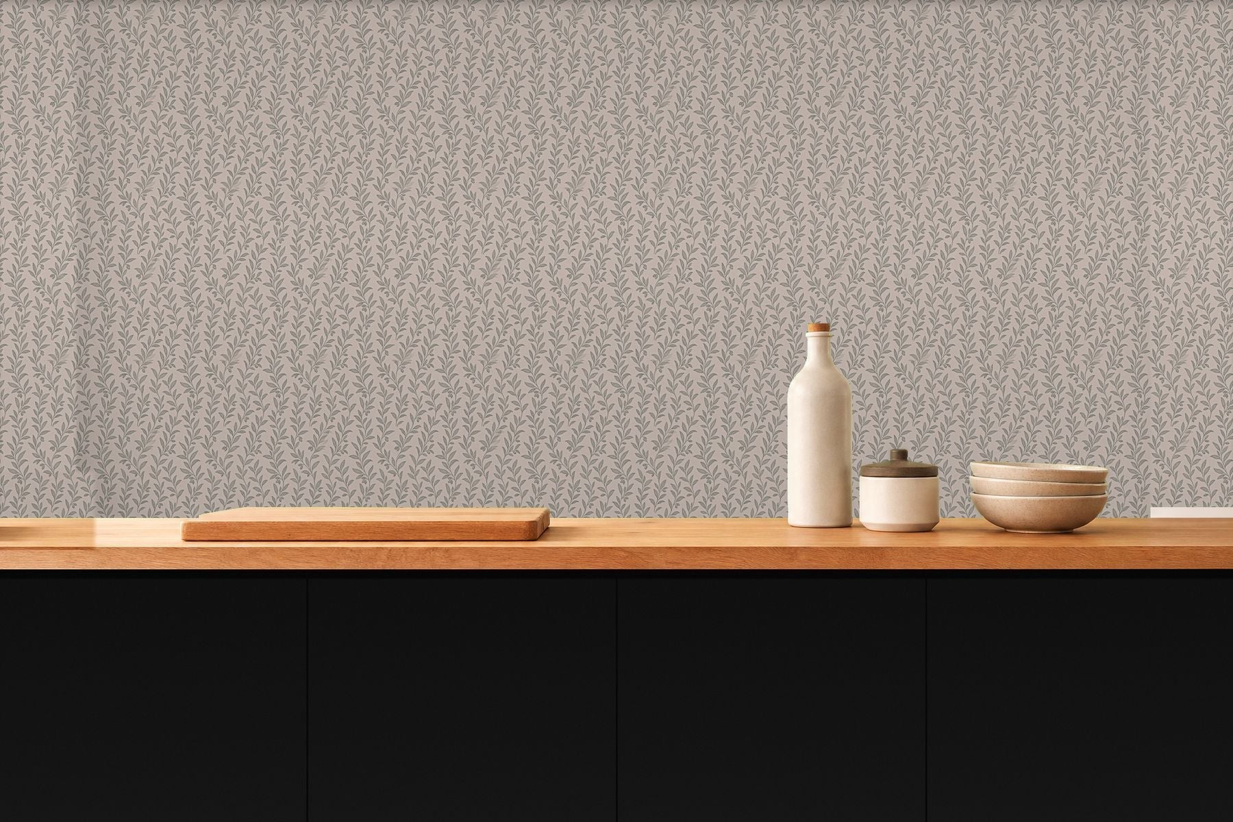 Sage green leaf wallpaper room view
