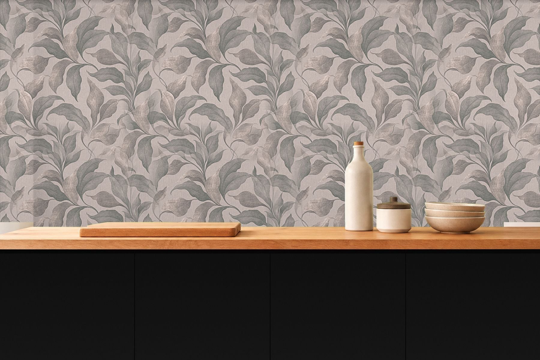 Sage green and silver wallpaper room view