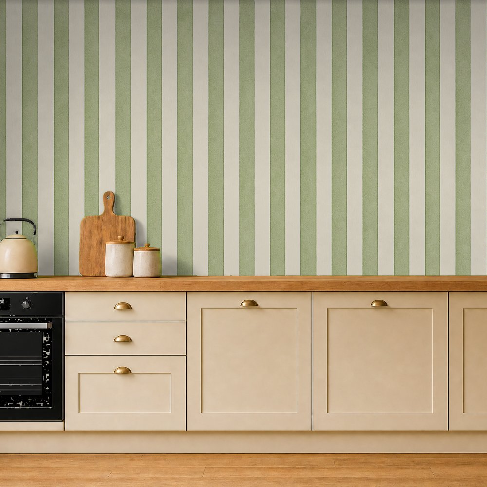 sage green striped wallpaper room