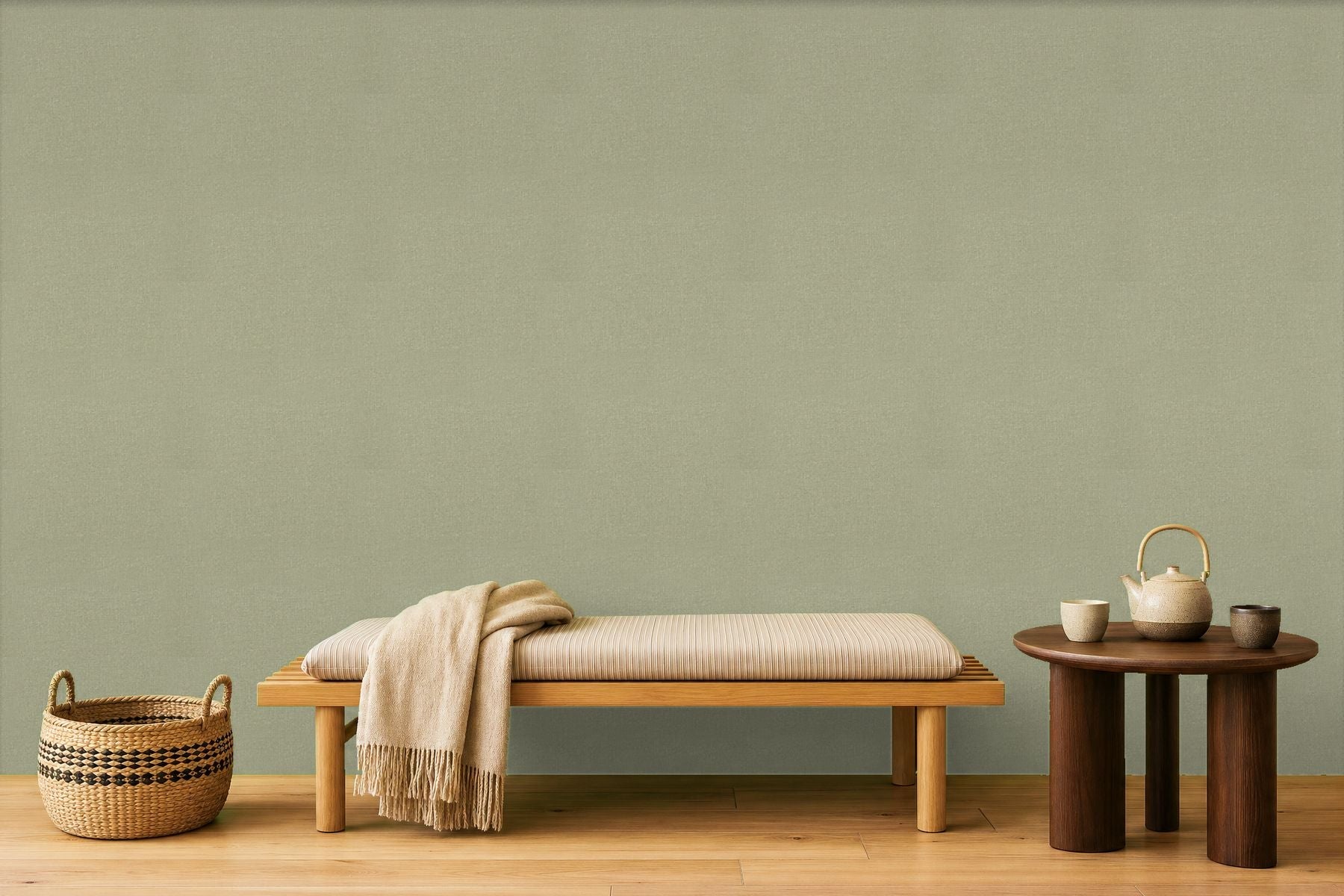 Sage green textured wallpaper room view
