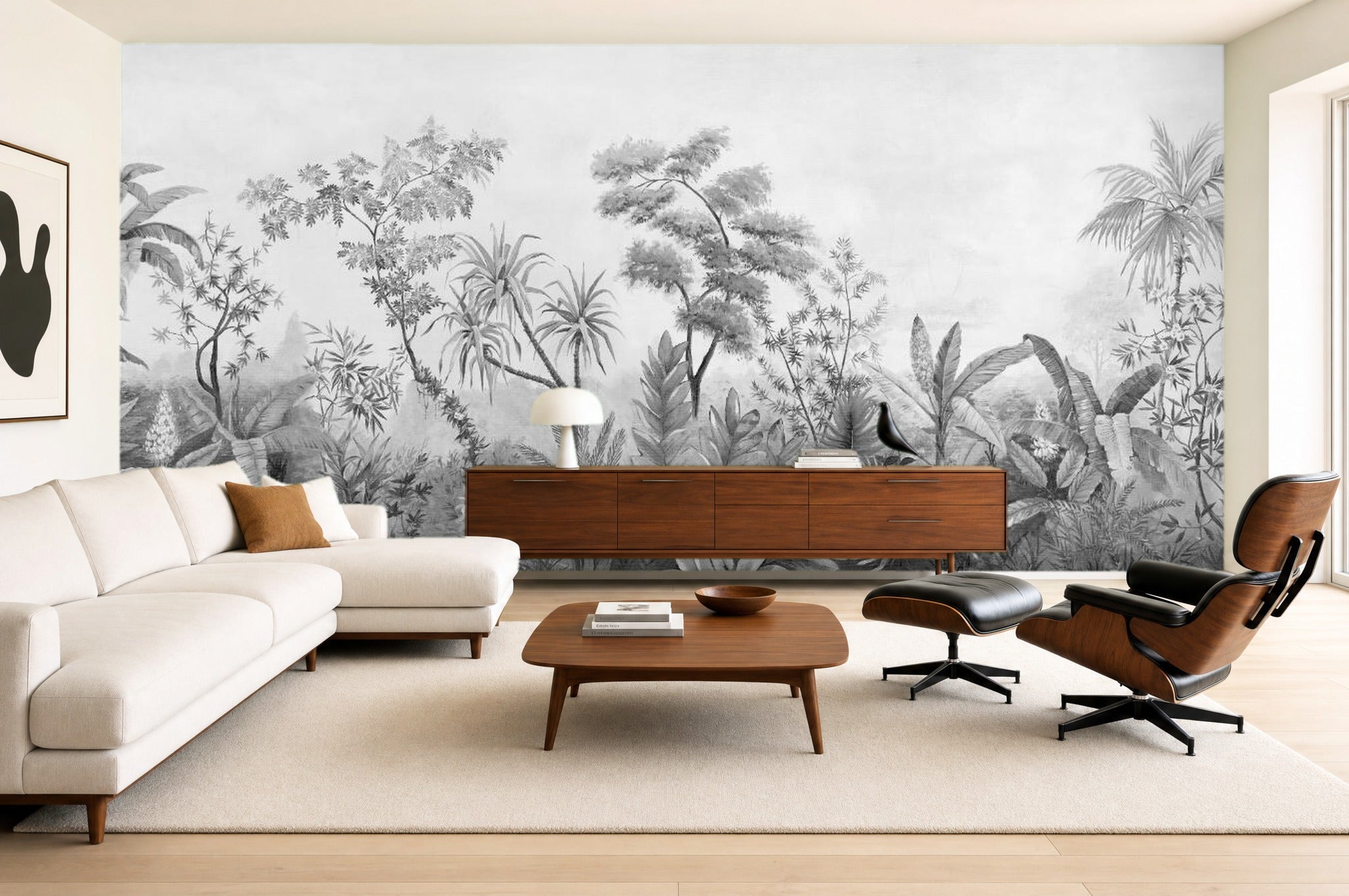 Scandi Leaf Wallpaper — mural in a styled living room