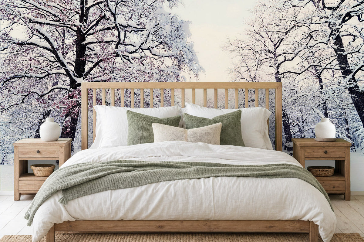 snowy forest wallpaper in a bedroom
