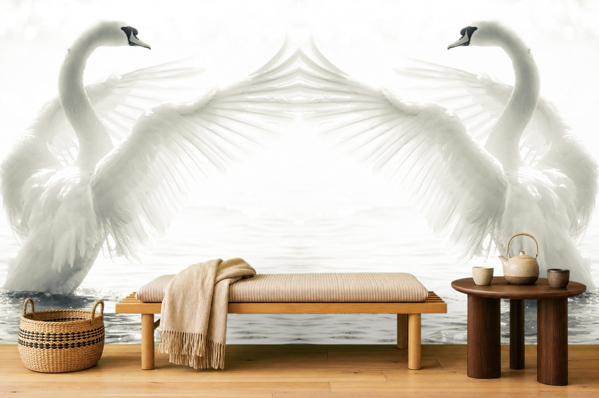 White Swan Wallpaper — mural in a styled room