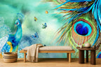 Teal peacock wallpaper — watercolour mural in a calm minimal living room