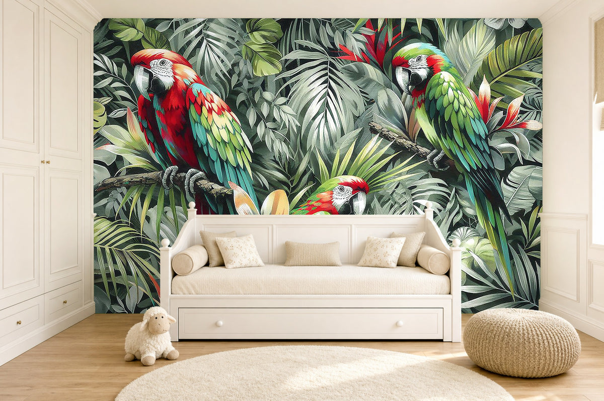 tropical parrot wallpaper in a children's room