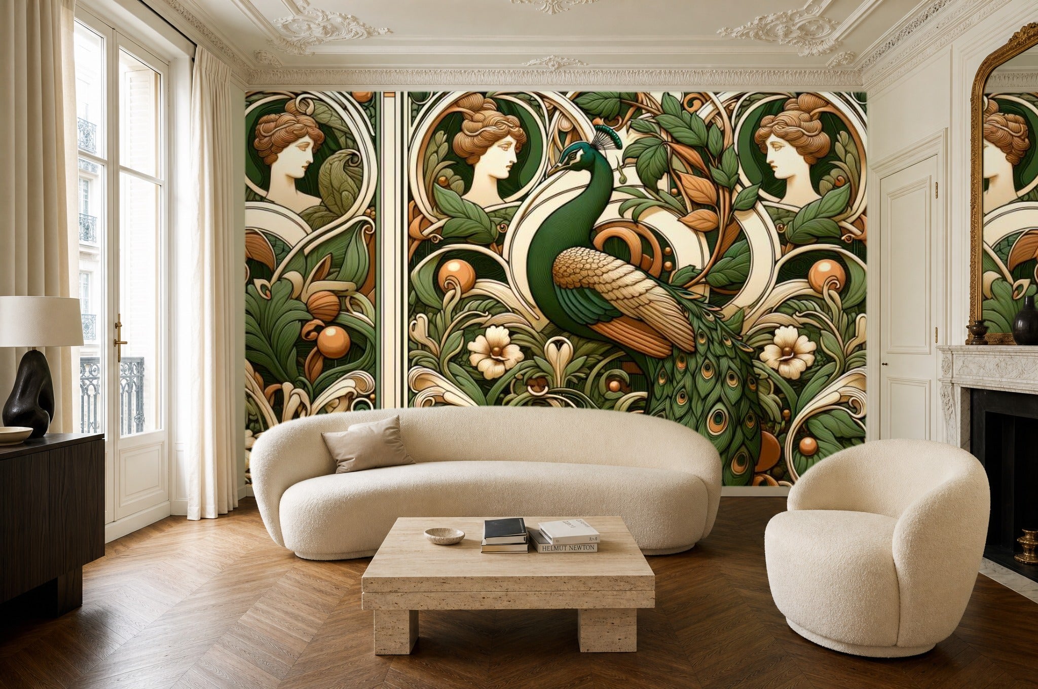 Vintage peacock wallpaper — Art Nouveau mural on a period living room feature wall