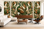 Vintage peacock wallpaper — Art Nouveau mural in a mid-century living room