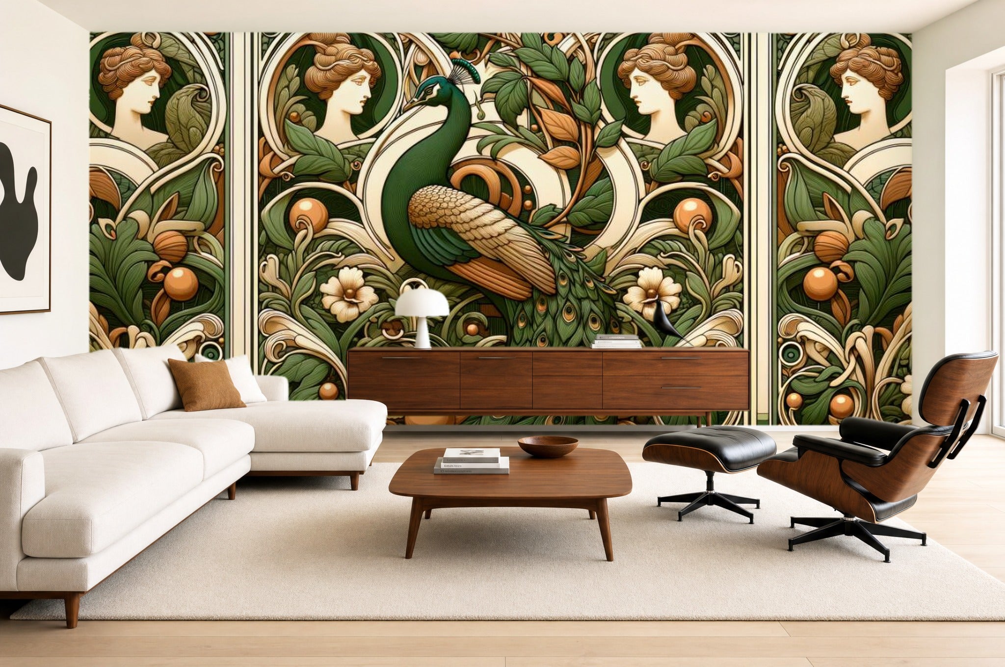 Vintage peacock wallpaper — Art Nouveau mural in a mid-century living room