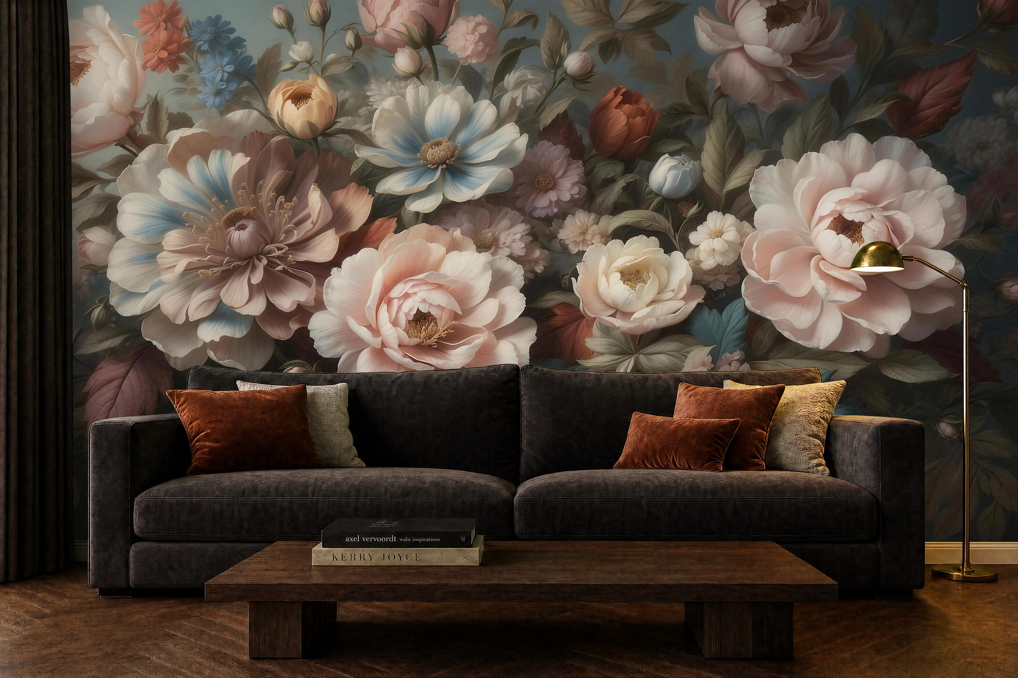 vintage rose wallpaper in a living room