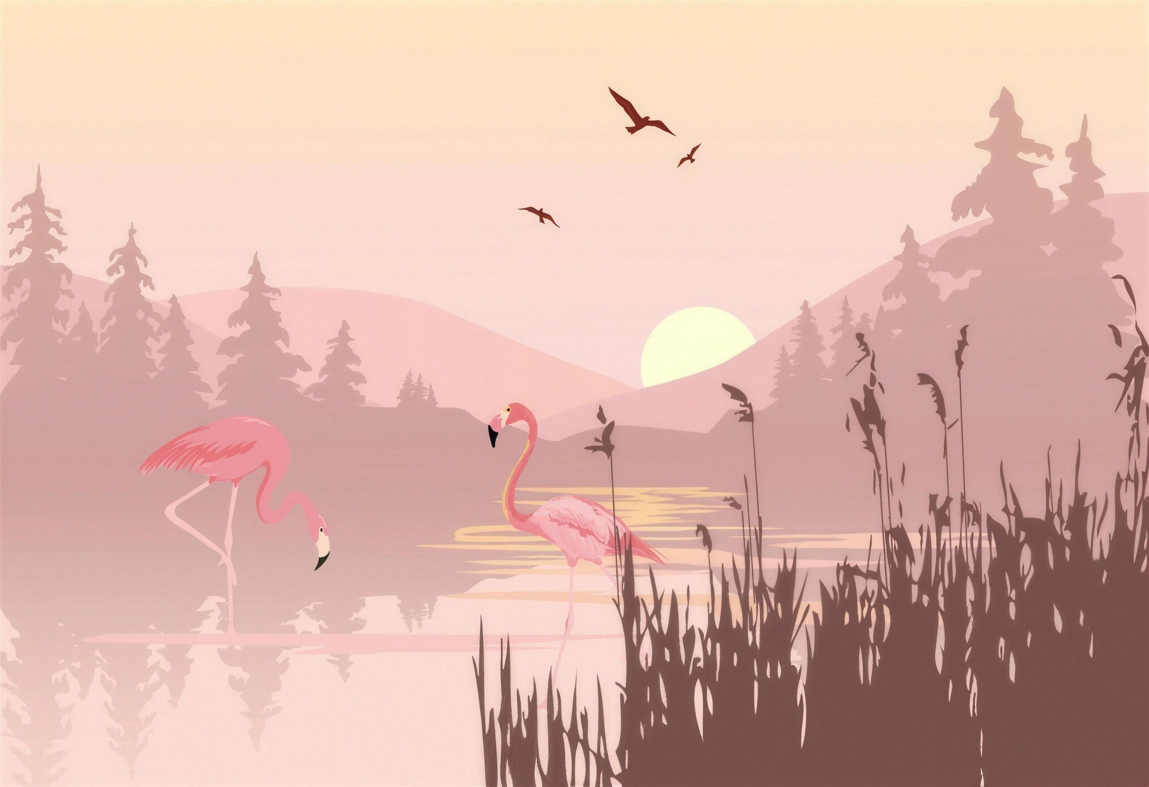 wallpaper pink flamingo pattern shown flat