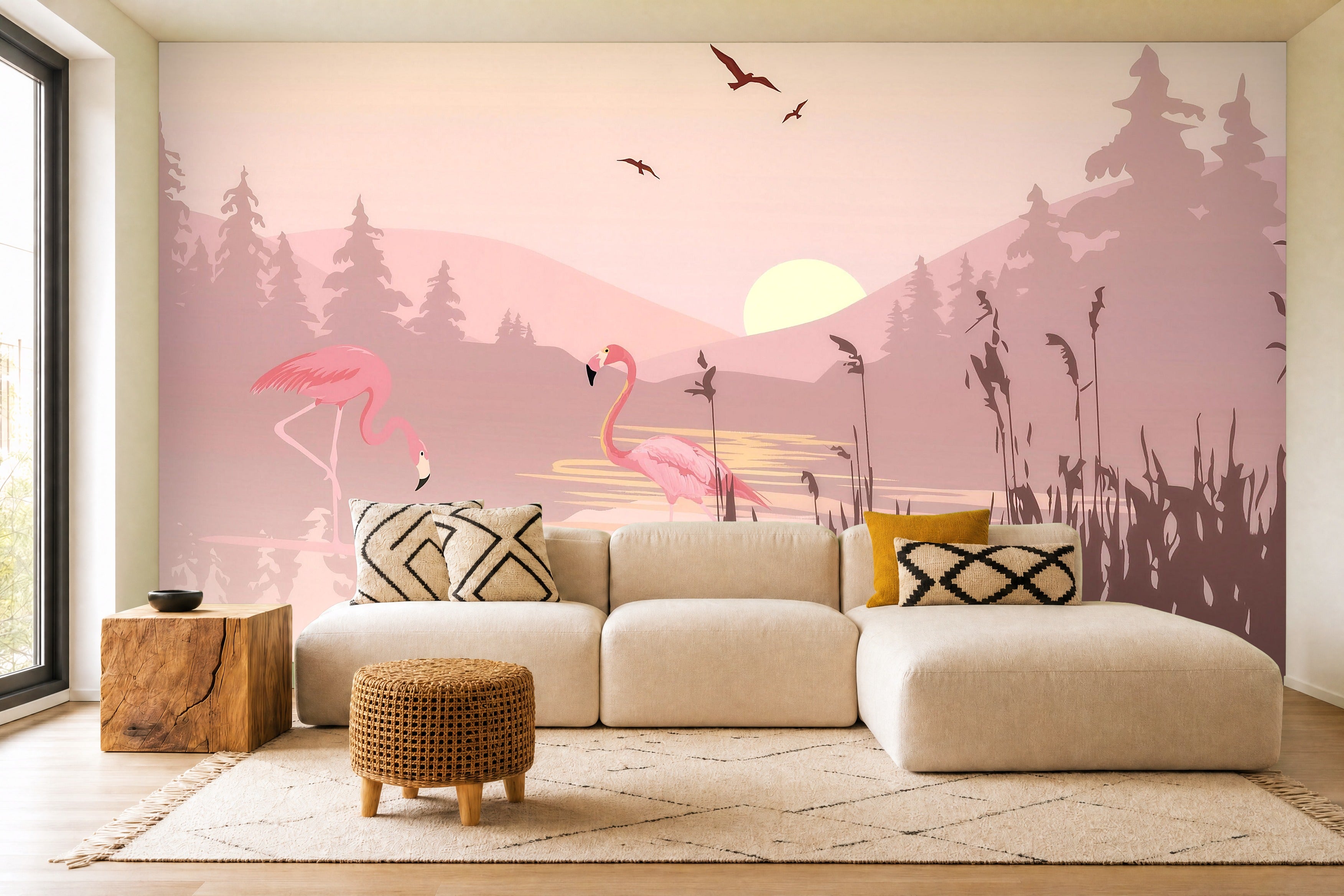 wallpaper pink flamingo in a living room