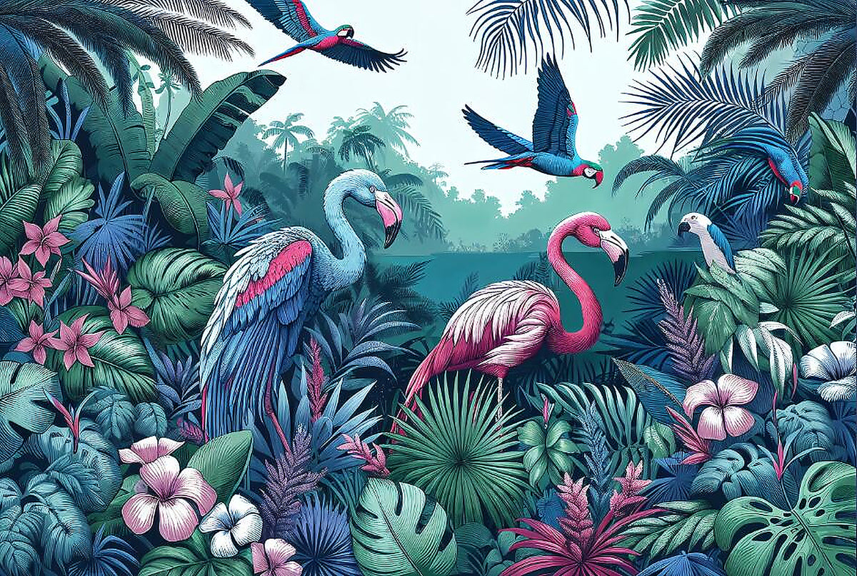 watercolor flamingo wallpaper pattern shown flat