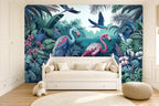 watercolor flamingo wallpaper in a children's room
