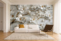 white blossom wallpaper in a living room