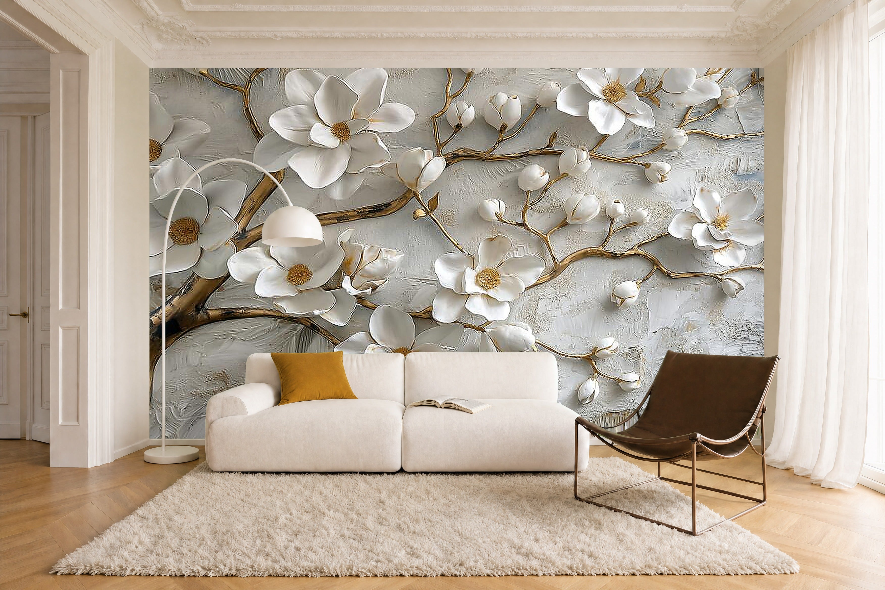 white blossom wallpaper in a living room