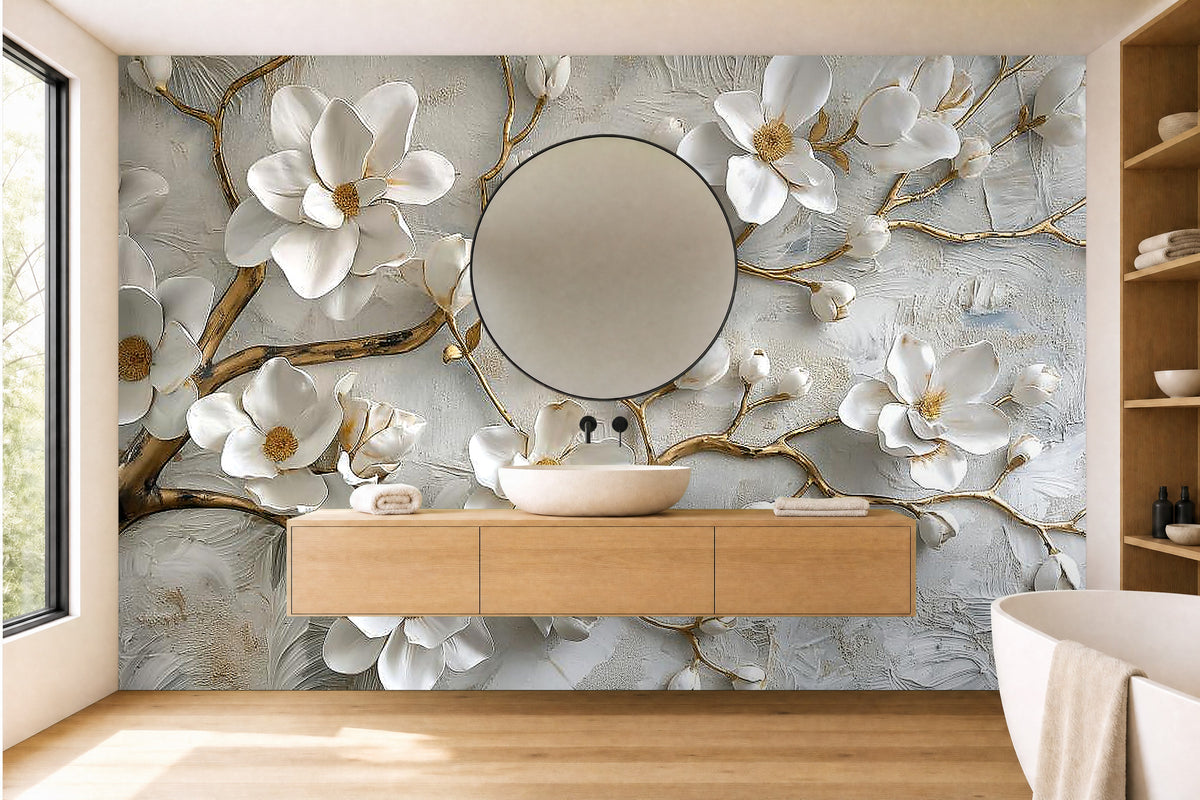 white blossom wallpaper in a bathroom