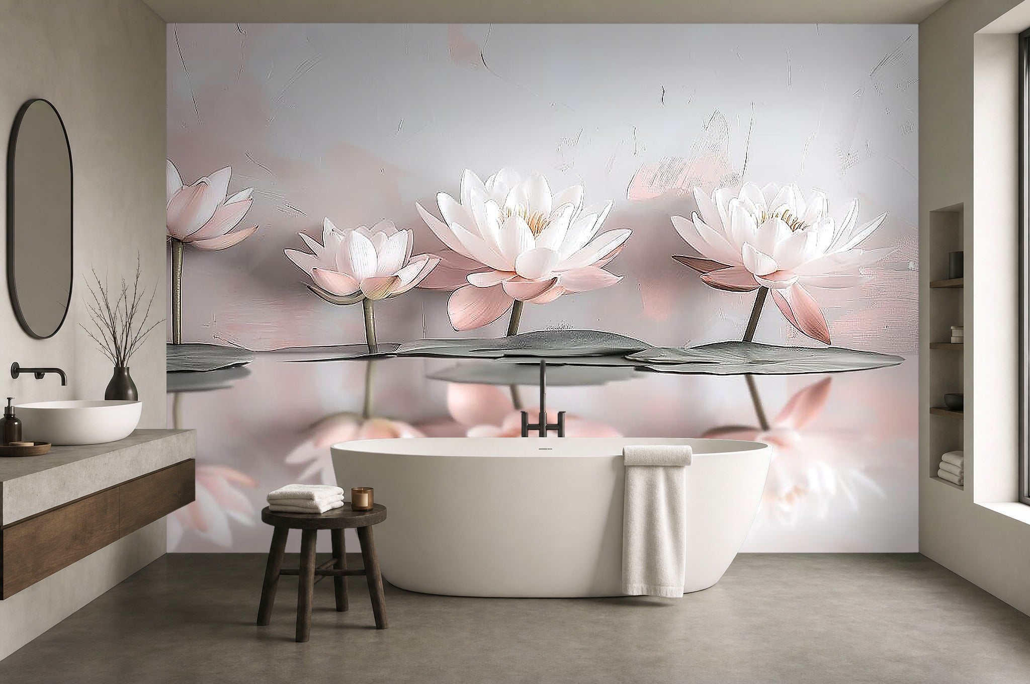 white lotus flower wallpaper in a bathroom