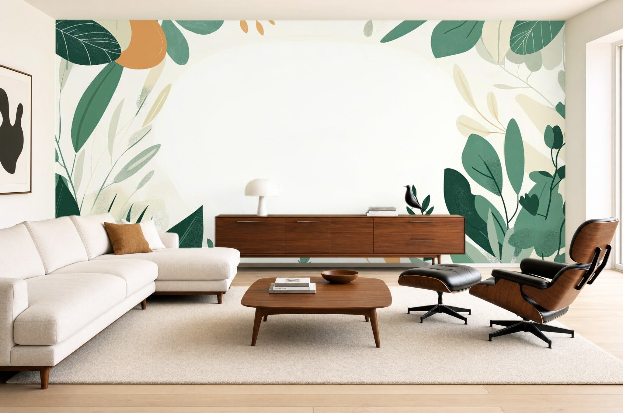 White and Green Leaf Wallpaper — mural on a living room feature wall