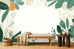 White and Green Leaf Wallpaper — mural in a styled living room