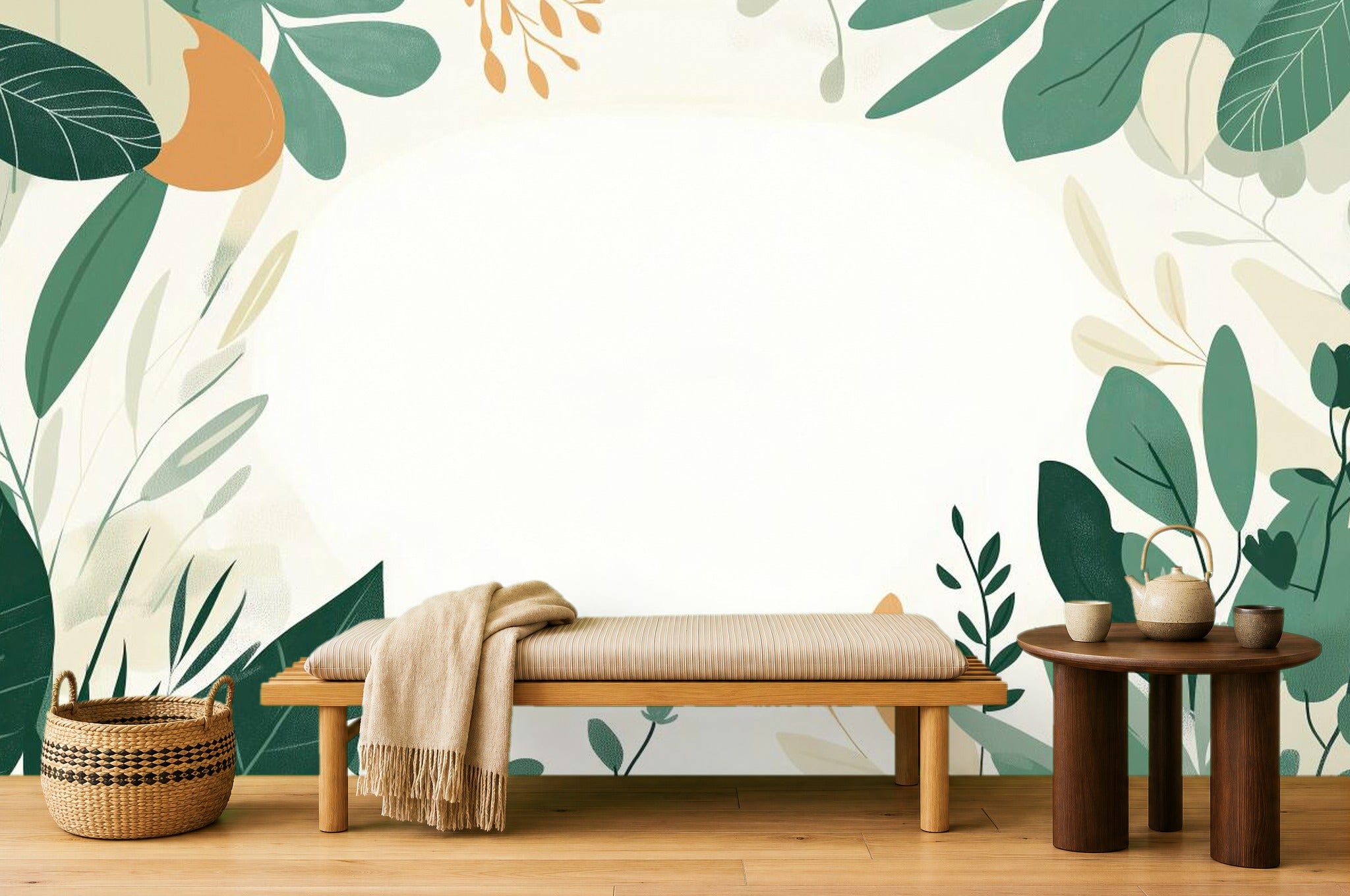 White and Green Leaf Wallpaper — mural in a styled living room