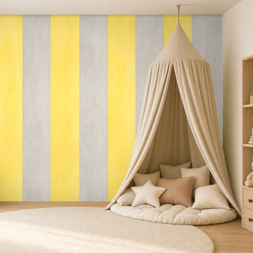 yellow and gray striped wallpaper room 2