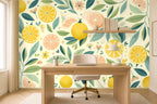yellow leaf wallpaper in a home office
