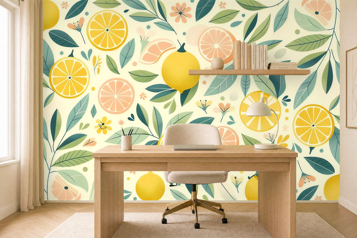 yellow leaf wallpaper in a home office